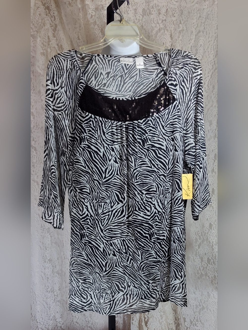 Kim Rogers Black and White Zebra Print Tunic with Sequin Trim